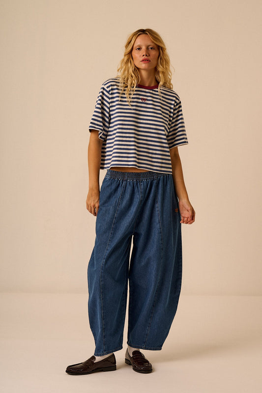 Zayla Cropped Boxy T-Shirt - Cotton in Navy & White Stripe