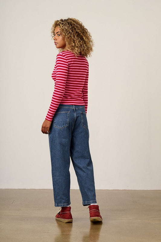 Grayson - Long Sleeve Cotton T-Shirt in Pink & Red Stripe