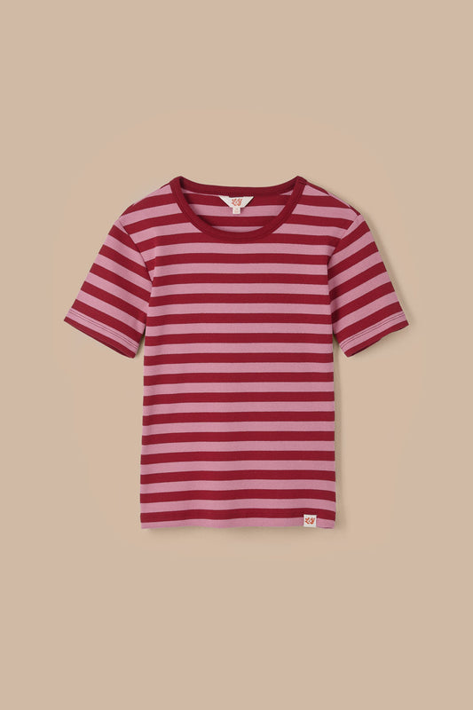 Gracie - Cotton T-Shirt in Pink & Maroon Stripe