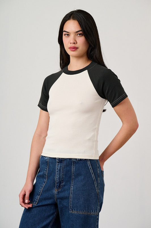 Azra - Cotton Short Sleeve Raglan Top in Black & Ecru