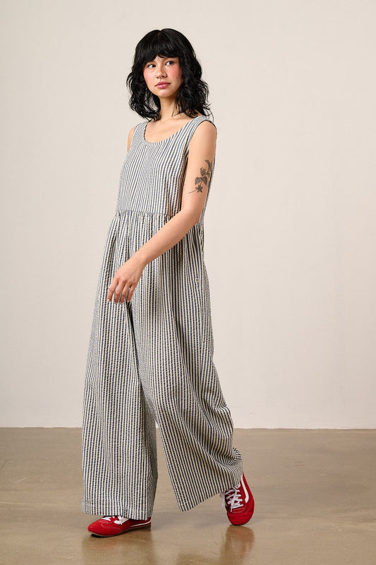 Bellamy - Wide Leg Cotton Jumpsuit in Blue & White Stripe