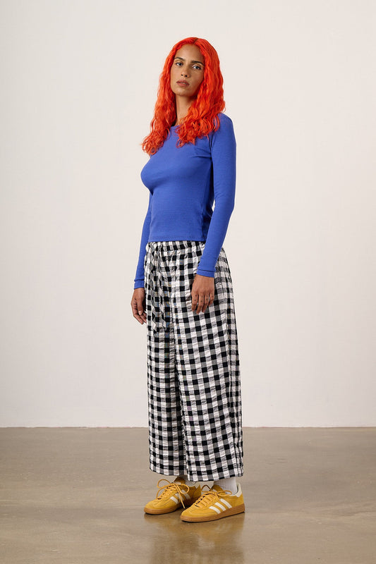 Chuck - Wide Leg Cotton Trousers in Black & White Gingham