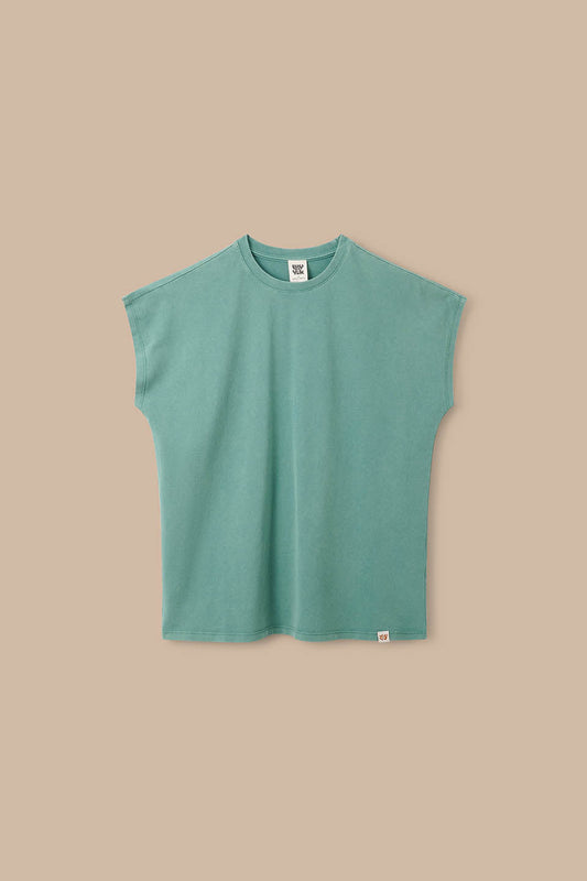 Inessa - Cotton Cap Sleeve T-Shirt in Washed Green