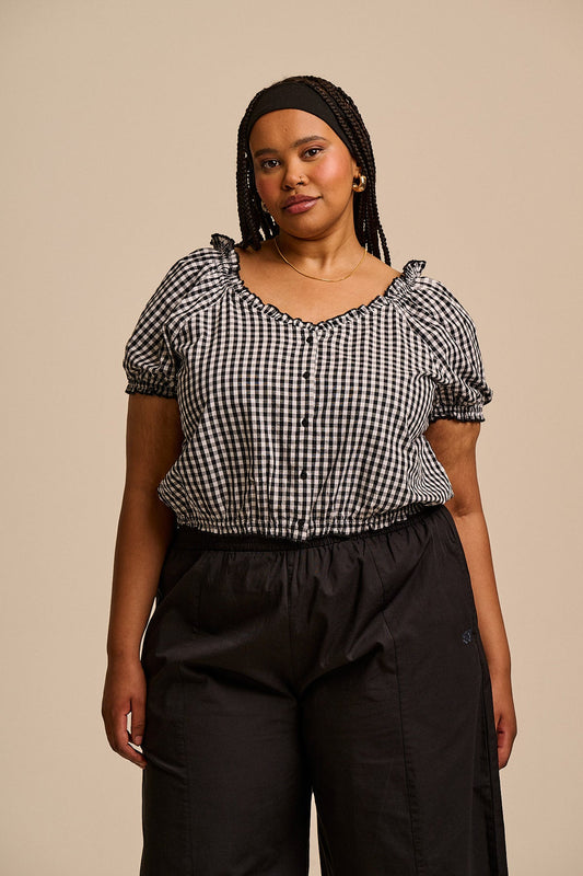 Sage - Cotton Puff Sleeve Blouse in Black & White Gingham